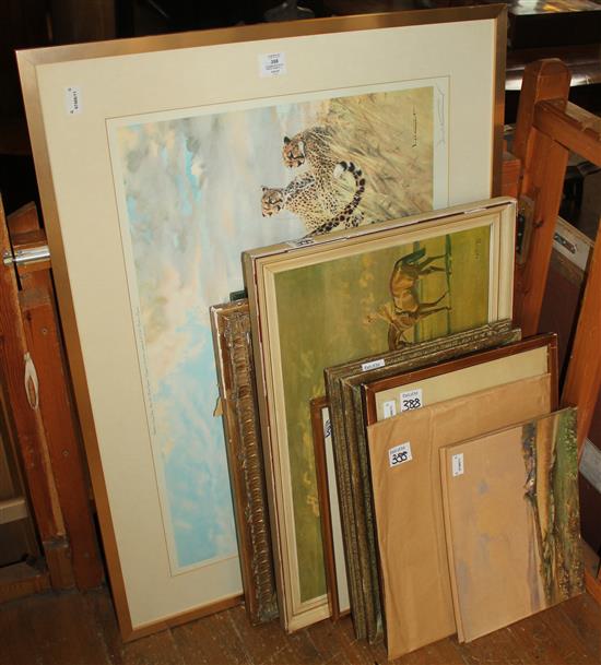 12 framed pictures & prints, various, 2 unframed watercolours, folder of cartoons, etc